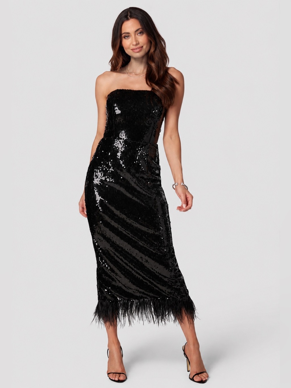 Bebe Black Sequin Feather Strapless Midi Dress Size L NWT